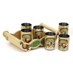 Rajwadi Oxidised Wooden Meenakari Handicrafts Design Tray with 6 Glass Gift Set3