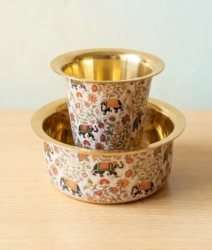 Brass Pichwai Designer Coffee Glass & Dabra Gift Set