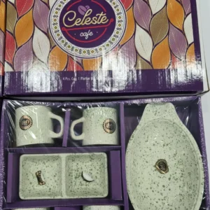 Celeste Cafe (4+2) 4 Pcs Ceramic Coffee Cup 1 Snack Platter & 1 Serving Bowl Gift Set - Green