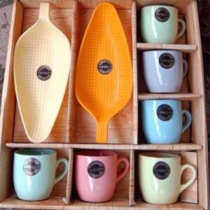 Ceramic Gold Heart (6+2) 6 Coffee Mug & 2 Leaf Platter Exclusive Set1