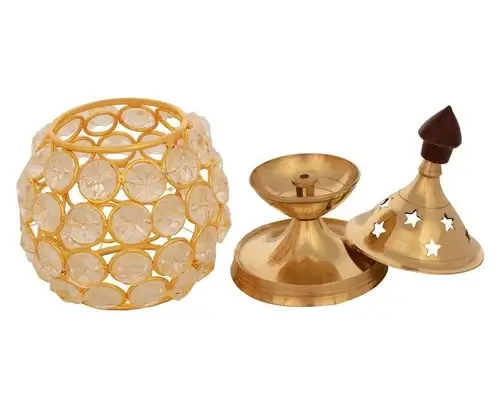 Decorative Golden Brass Round Designing Crystal Akhand Diya for Diwali14