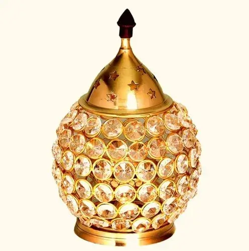 Decorative Golden Brass Round Designing Crystal Akhand Diya for Diwali2