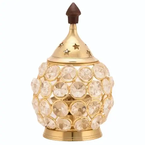 Decorative Golden Brass Round Designing Crystal Akhand Diya for Diwali3