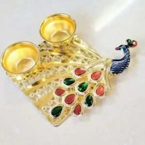 Golden Metal Peacock Kankavati Haldi Kumkum Holder Gift Set