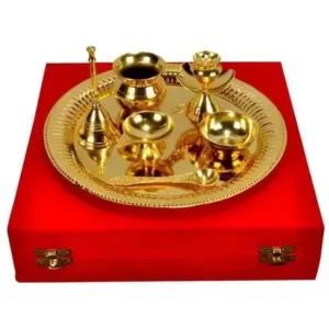 Golden Stainless Steel 7 Pcs Pooja Thali Set with Gift Hamper Box1