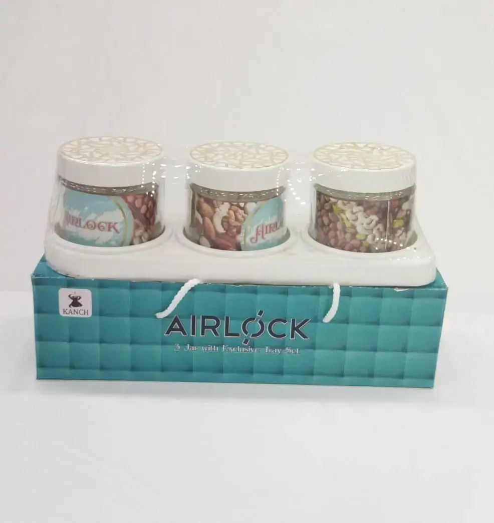 Kanch Airlock 3Pcs Glass Jar with Tray Exclusive Gift Set