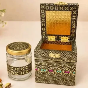 Meenakari Dryfruit Box with Tiny Glass Jar 1pc Gift Set 1