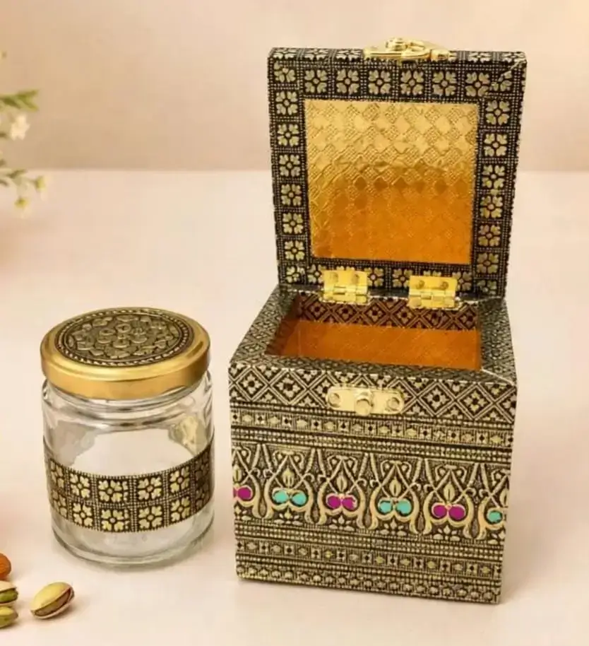 Meenakari Dryfruit Box with Tiny Glass Jar 1pc Gift Set 1