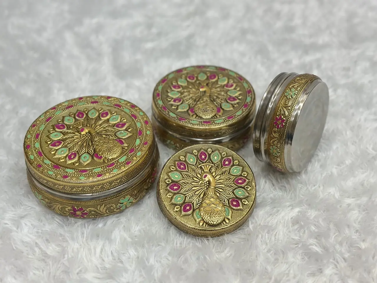 Meenakari Peacock Design Oxydised 4 Inch Stainless Steel Box Gift Set