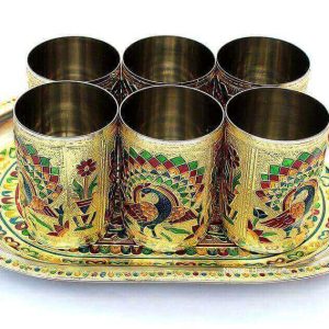 Meenakari Stainless Steel Handicrafts Design Tray with 6 Glass Gift Set