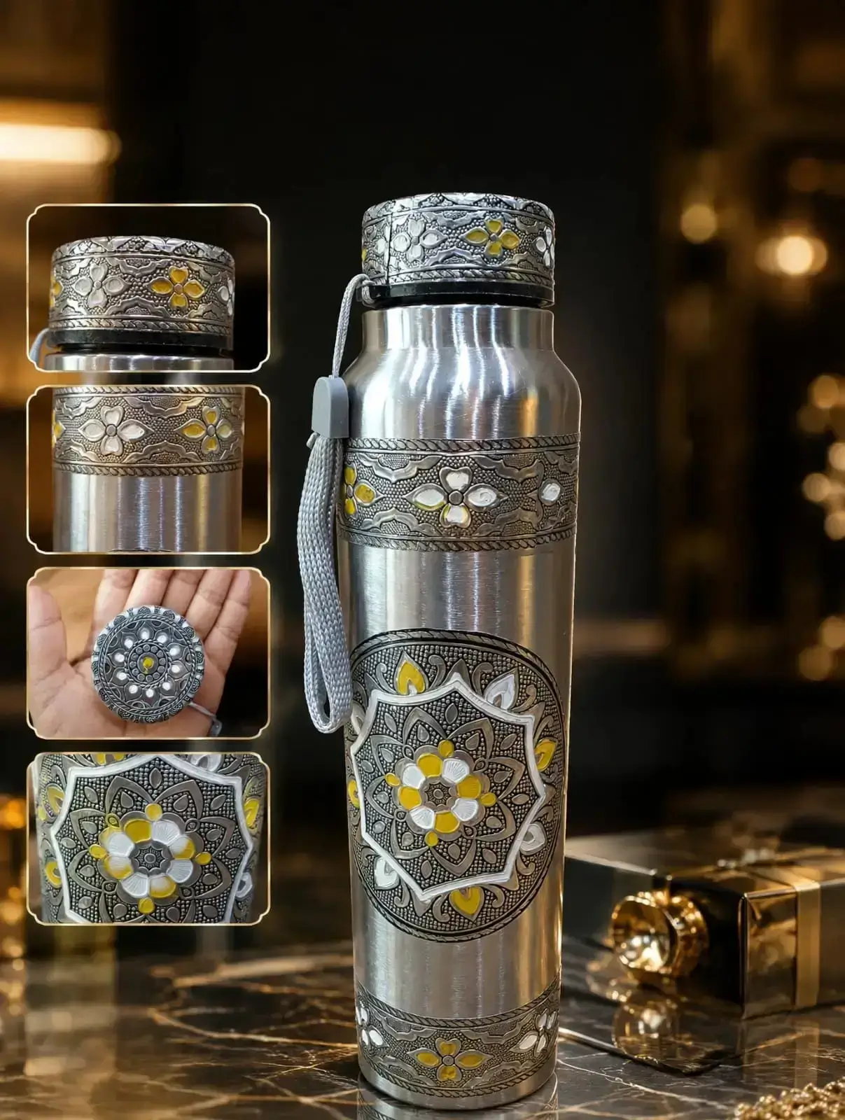 Meenakari Design Elegant Steel Water Bottle 1000ml Gift Set