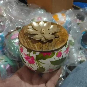 Metal Pichwai 4 Inch Dry Fruit Jar with Wooden Lid Gift Set