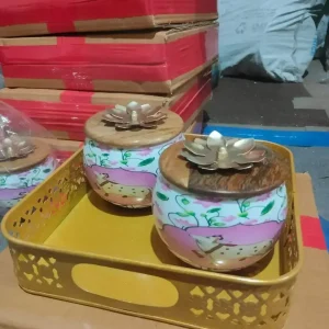 Metal Pichwai 4 Inch Dry Fruit Jar with Wooden Lid Gift Set3