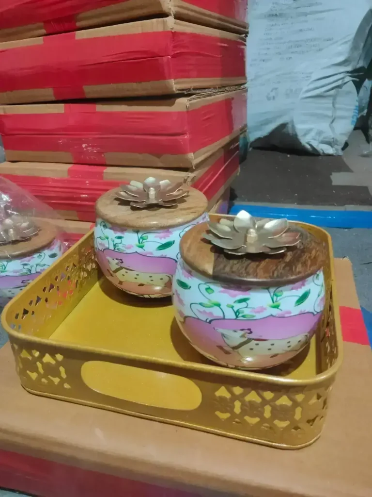 Metal Pichwai 4 Inch Dry Fruit Jar with Wooden Lid Gift Set3