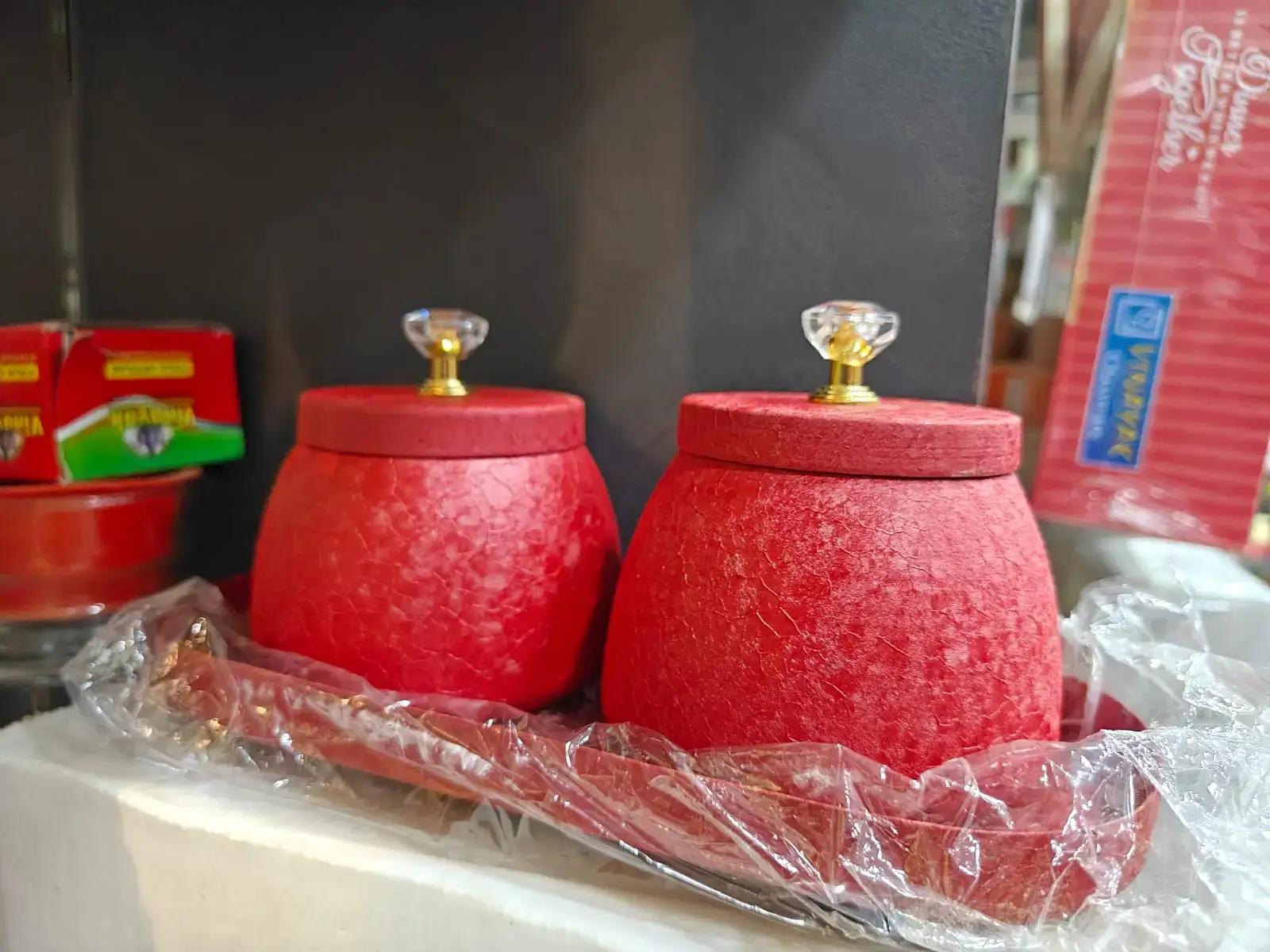 Metal Red Velvet 2pc Dryfruit Jars with Tray Gift Set