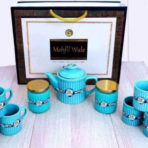 Multicolor Ceramic Mehfil Wale(6+2+2) 10 Pcs Tea Set (Pink & Blue)3