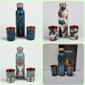 Multicolor Printed Flower Designer 1000ml Copper Water Bottle with 2 Glass Set - New