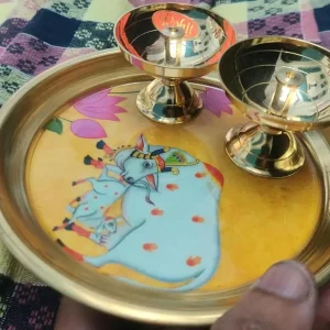 Pichwai 6 Inch Brass Plate & 4 inch Diya 2 pcs Combo Gift Set