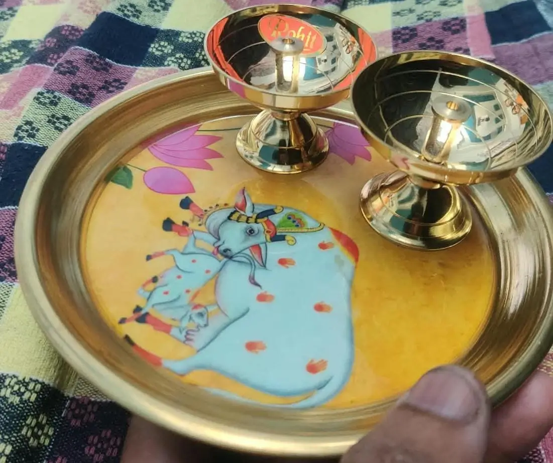 Pichwai 6 Inch Brass Plate & 4 inch Diya 2 pcs Combo Gift Set