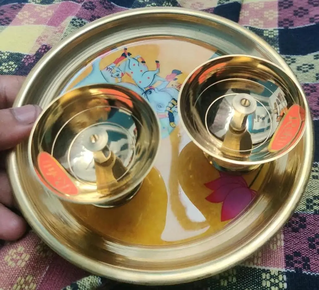 Pichwai 6 Inch Brass Plate & 4 inch Diya 2 pcs Combo Gift Set - Image 2