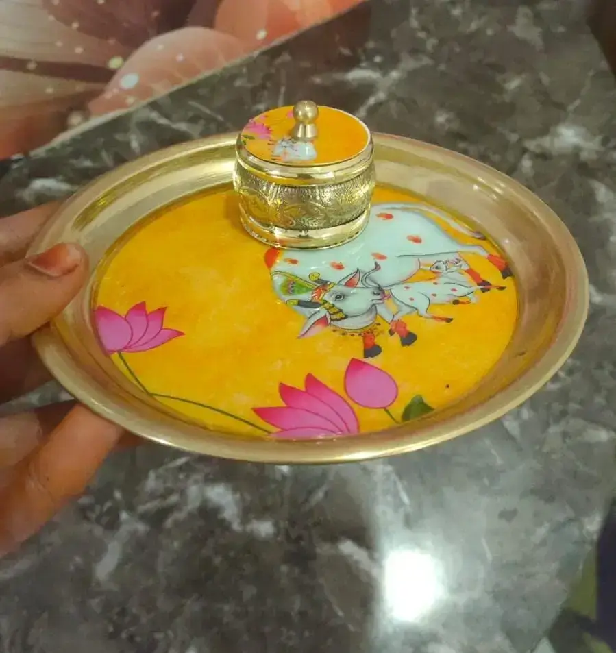 Pichwai Pure Brass 6 Inch Thali & 2 Inch Kumkum Box Combo Gift Set