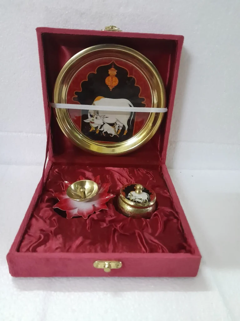 Pichwai Pure Brass 6 Inch Thali, 3 Inch Lotus Diya & 2 Inch Kumkum Box Combo Gift Set