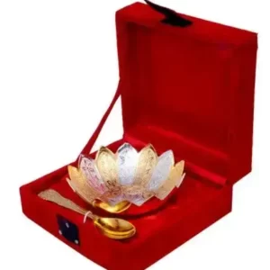 Premium Metal Gold Plated Flower Shape 1 Bowl with 1 Spoon Set for Gift Purpose