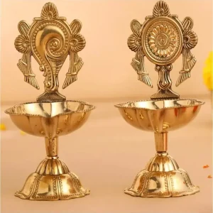 Pure Brass 4 inch Shankhu Chakra Combo Oil Diya 2 Pc Gift Set
